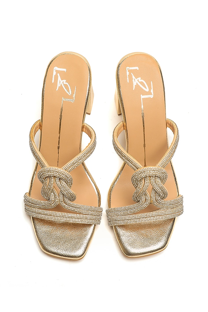 Gold Faux Leather Block Heels by NIDHI BHANDARI at Pernia's Pop Up Shop