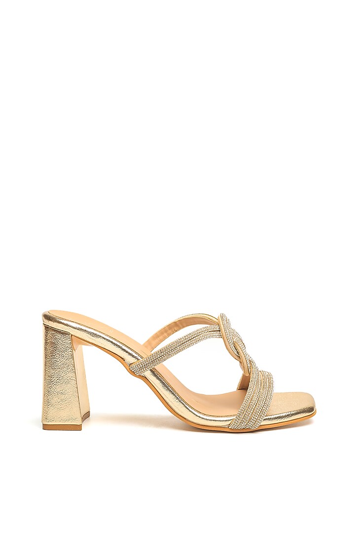 Gold Faux Leather Block Heels by NIDHI BHANDARI at Pernia's Pop Up Shop