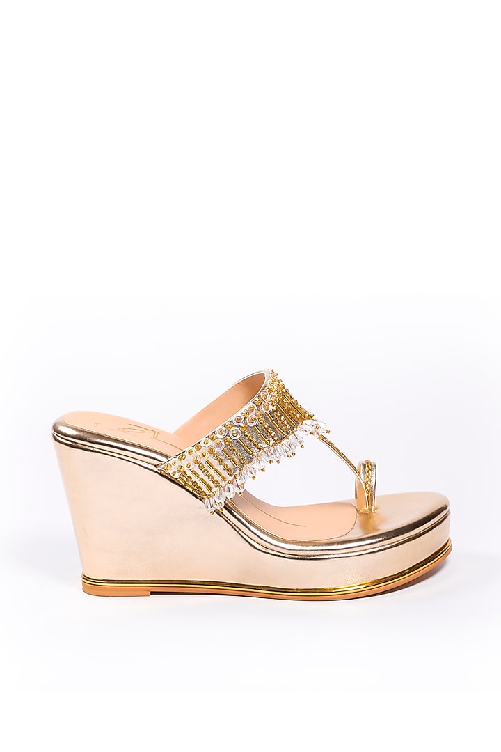 Gold Embroidered Kolhapuri Wedges by NIDHI BHANDARI at Pernia's Pop Up Shop