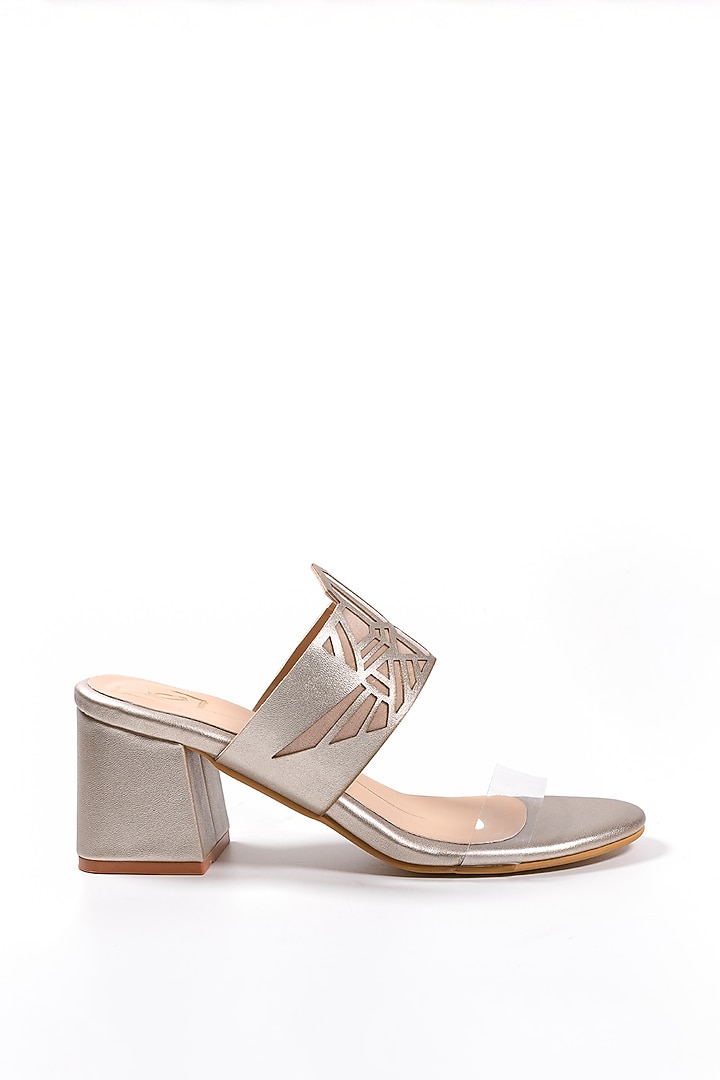 Golden Block Heels With Laser-Cut Strap by NIDHI BHANDARI at Pernia's Pop Up Shop