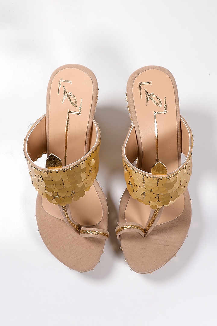Beige Embroidered Kolhapuri Wedges by NIDHI BHANDARI at Pernia's Pop Up Shop