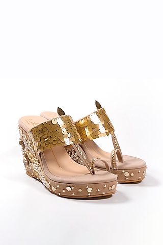 Beige Embroidered Kolhapuri Wedges by NIDHI BHANDARI