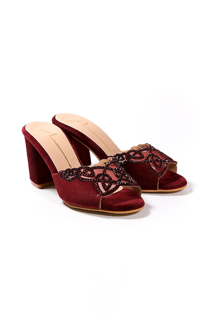 Wine Crystal Embroidered Block Heels by NIDHI BHANDARI at Pernia's Pop Up Shop