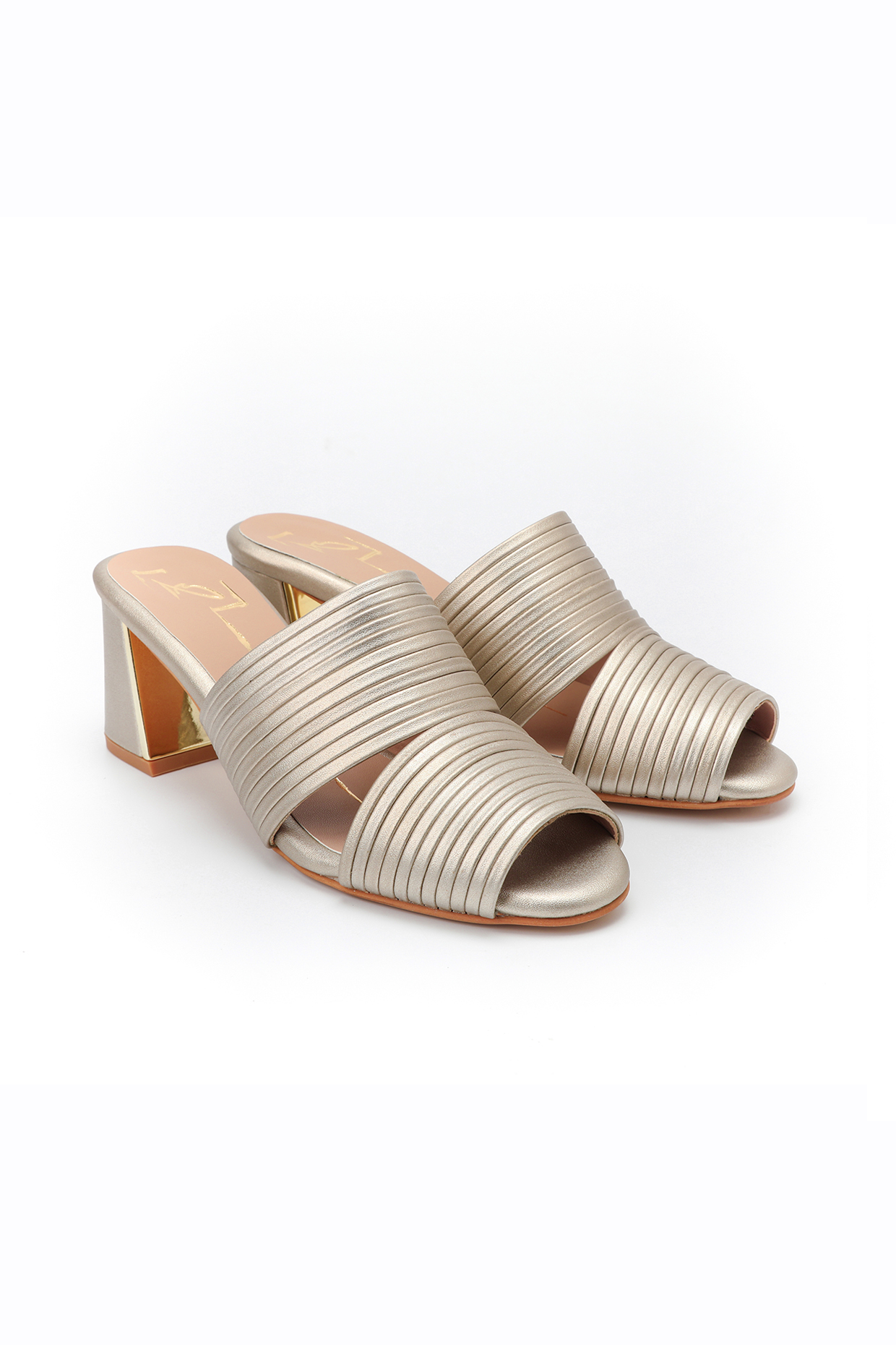 Gold Faux Leather Block Heels by NIDHI BHANDARI at Pernia's Pop Up Shop