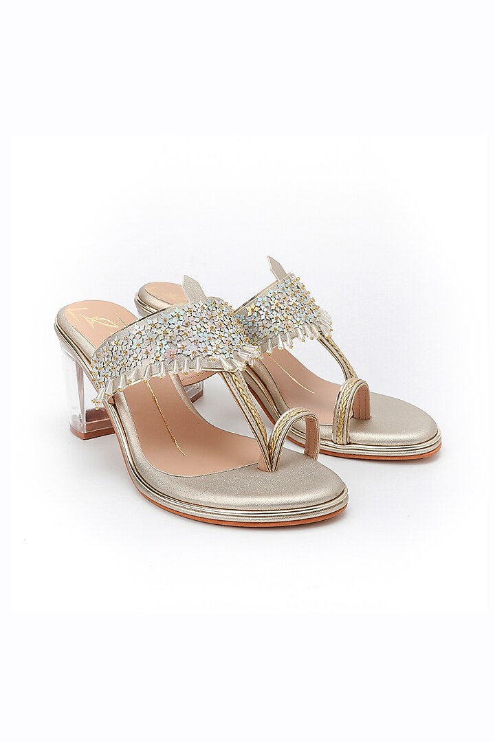 Gold Embroidered Kolhapuri Block Heels by NIDHI BHANDARI at Pernia's Pop Up Shop