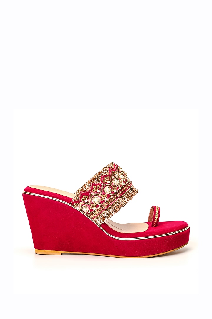 Red Embroidered Wedges by NIDHI BHANDARI at Pernia's Pop Up Shop