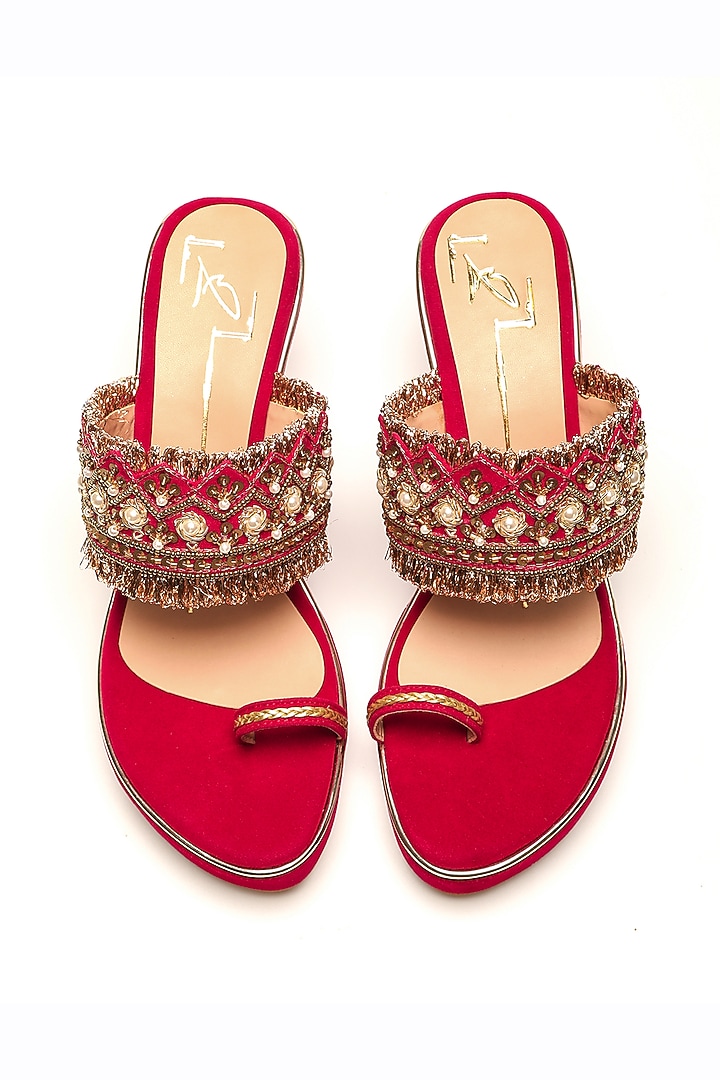 Red Embroidered Wedges by NIDHI BHANDARI at Pernia's Pop Up Shop