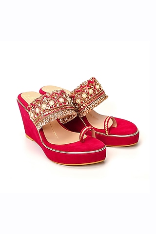 Red Embroidered Wedges by NIDHI BHANDARI