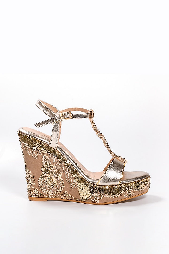 Gold Faux Leather Embroidered Wedges by NIDHI BHANDARI