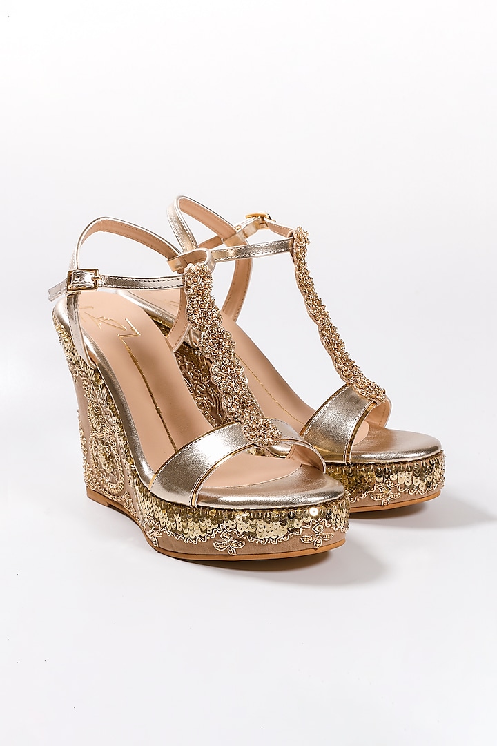 Gold Faux Leather Embroidered Wedges by NIDHI BHANDARI