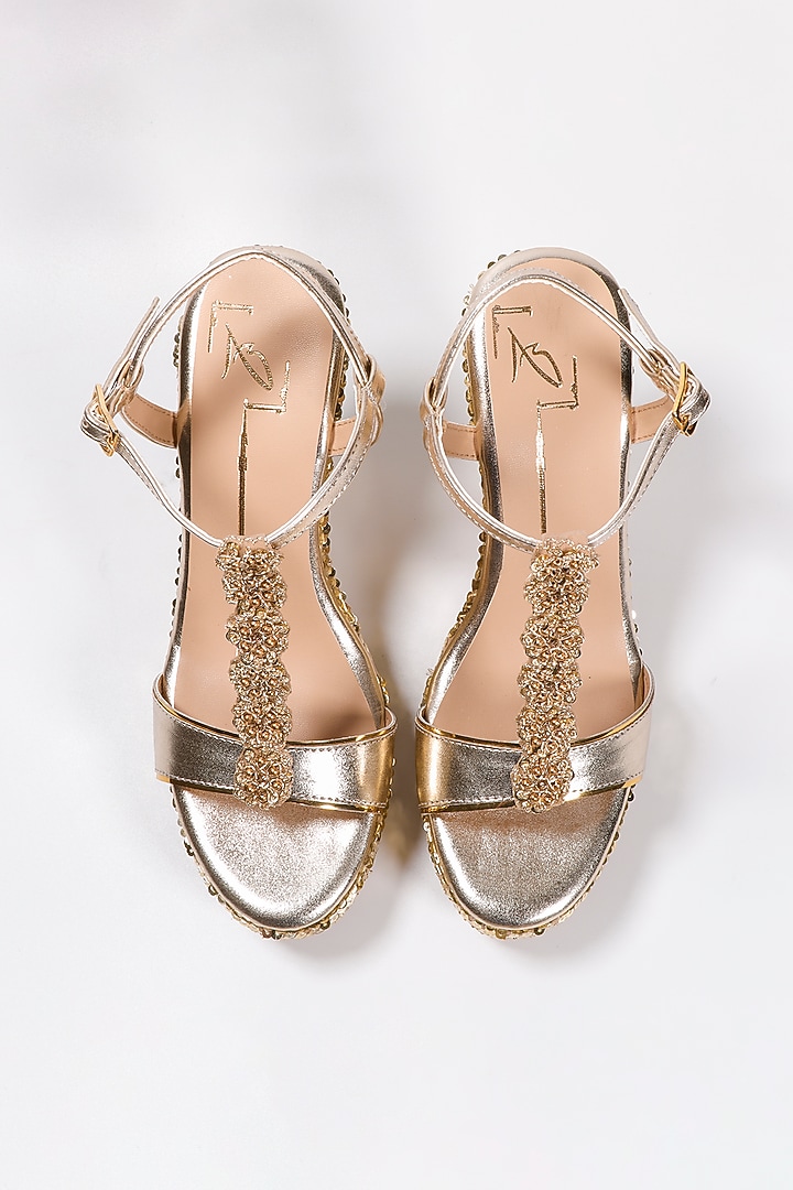Gold Faux Leather Embroidered Wedges by NIDHI BHANDARI at Pernia's Pop Up Shop