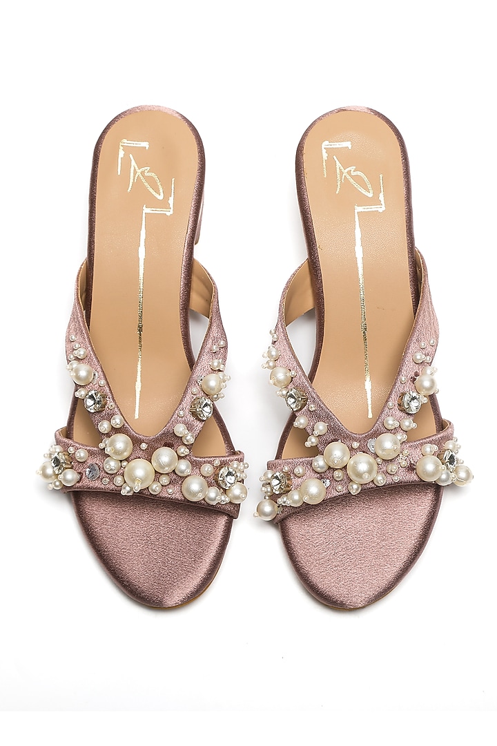 Nude Faux Leather Embroidered Block Heels by NIDHI BHANDARI at Pernia's Pop Up Shop