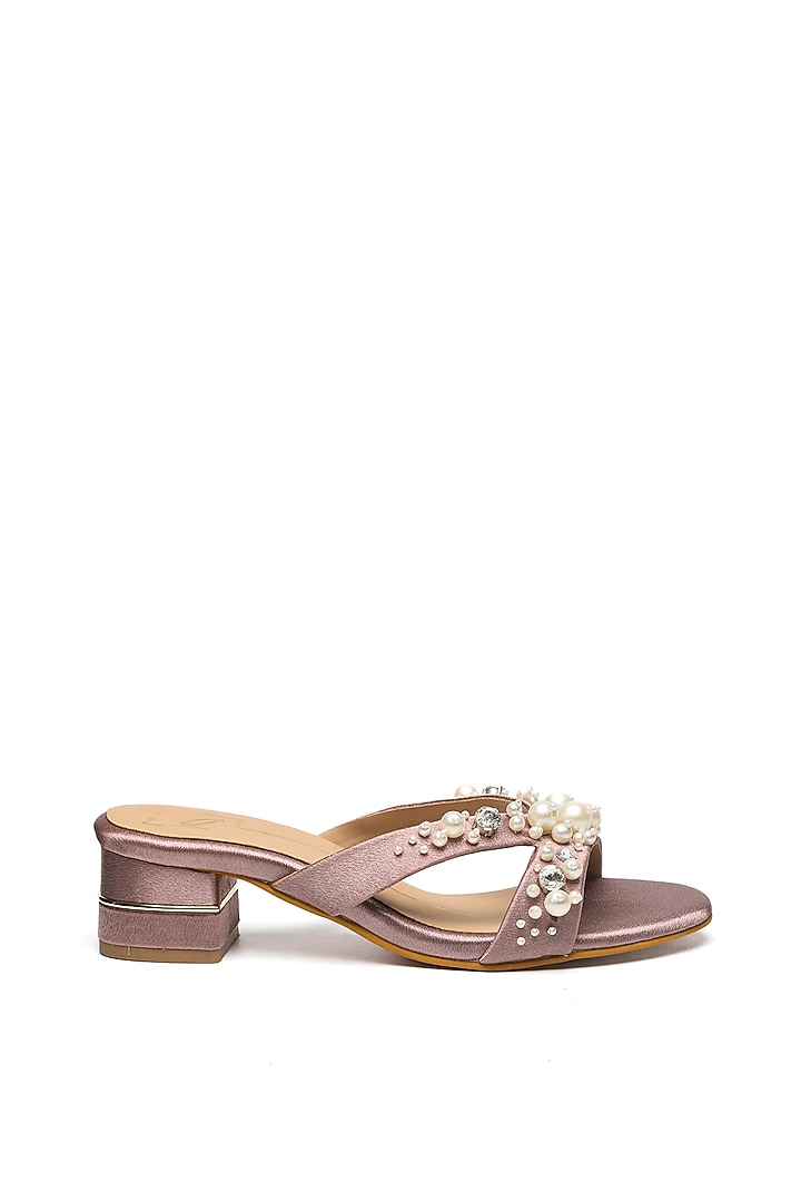 Nude Faux Leather Embroidered Block Heels by NIDHI BHANDARI at Pernia's Pop Up Shop