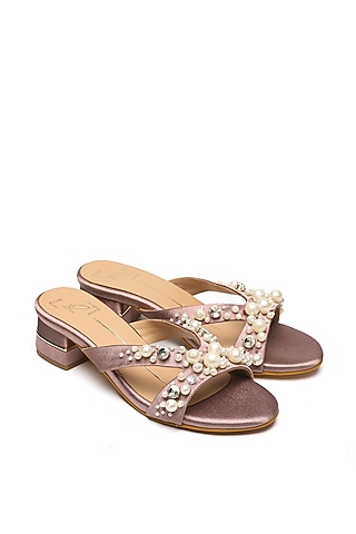 Nude Faux Leather Embroidered Block Heels by NIDHI BHANDARI