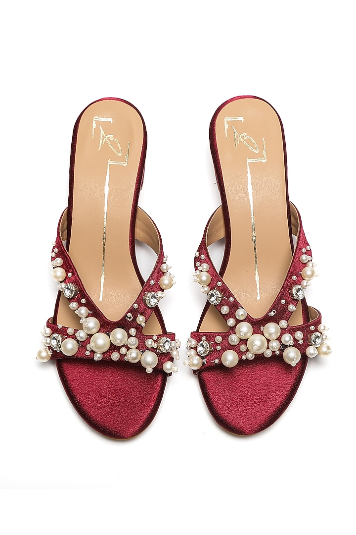 Wine Faux Leather Embroidered Block Heels by NIDHI BHANDARI at Pernia's Pop Up Shop