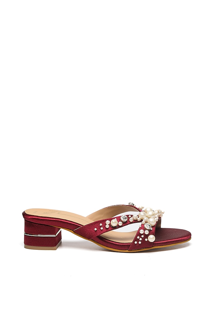Wine Faux Leather Embroidered Block Heels by NIDHI BHANDARI at Pernia's Pop Up Shop