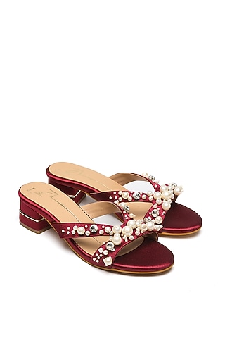 Wine Faux Leather Embroidered Block Heels by NIDHI BHANDARI