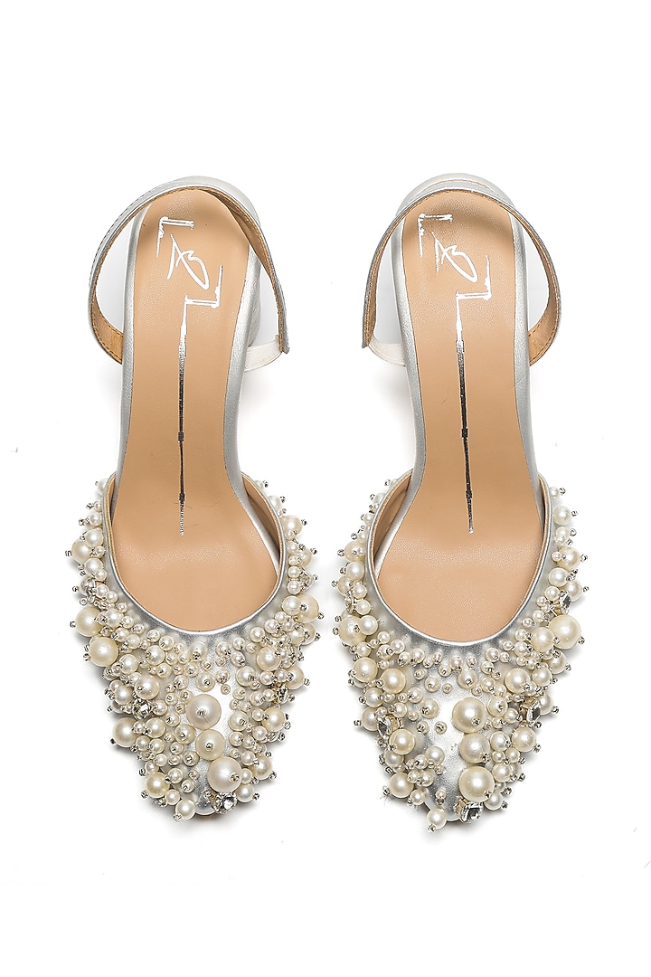 Silver Faux Leather Embroidered Block Heels by NIDHI BHANDARI at Pernia's Pop Up Shop
