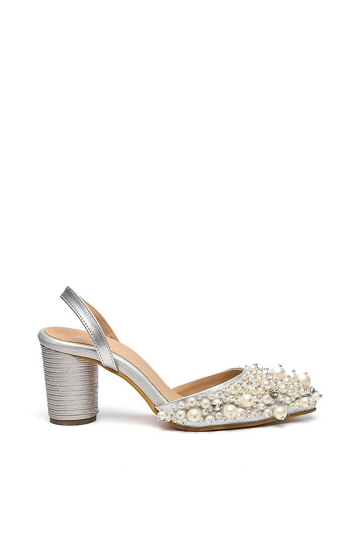 Silver Faux Leather Embroidered Block Heels by NIDHI BHANDARI at Pernia's Pop Up Shop