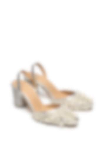 Silver Faux Leather Embroidered Block Heels by NIDHI BHANDARI at Pernia's Pop Up Shop