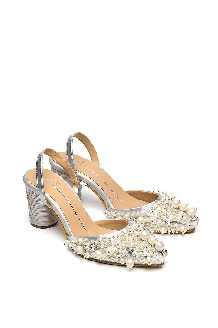 Silver Faux Leather Embroidered Block Heels by NIDHI BHANDARI at Pernia's Pop Up Shop