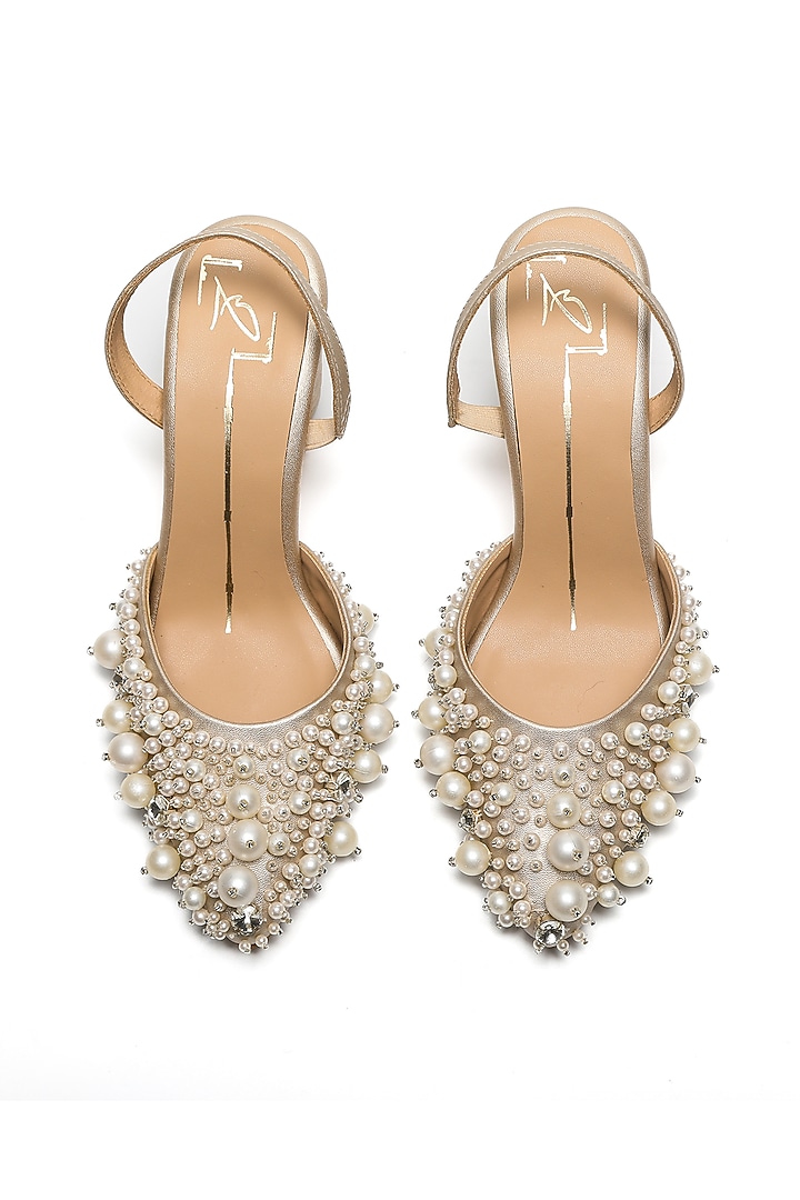 Gold Faux Leather Embroidered Block Heels by NIDHI BHANDARI at Pernia's Pop Up Shop