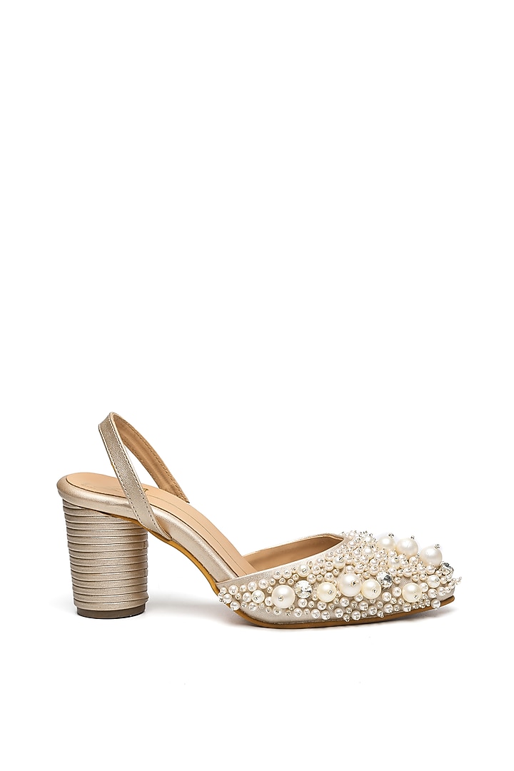 Gold Faux Leather Embroidered Block Heels by NIDHI BHANDARI at Pernia's Pop Up Shop
