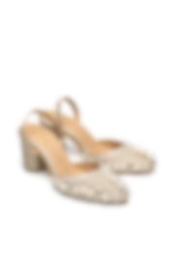 Gold Faux Leather Embroidered Block Heels by NIDHI BHANDARI at Pernia's Pop Up Shop