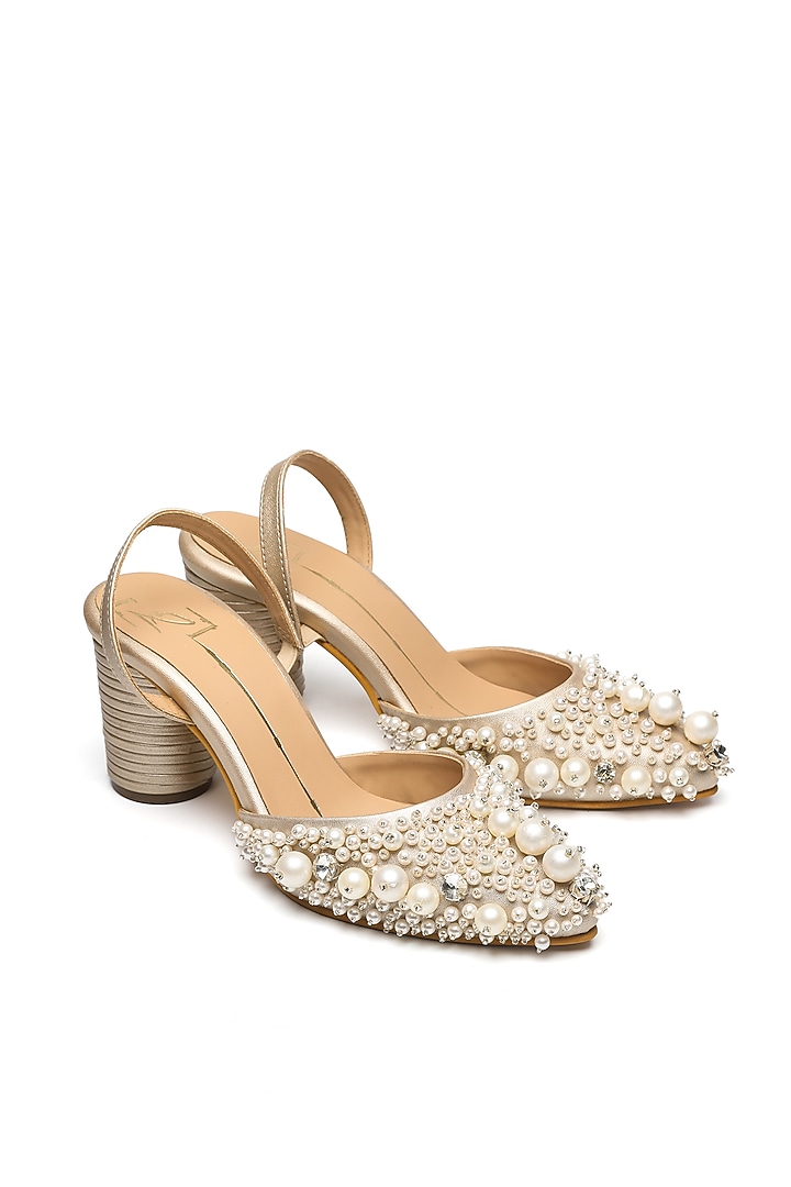 Gold Faux Leather Embroidered Block Heels by NIDHI BHANDARI at Pernia's Pop Up Shop