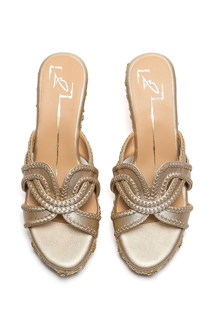 Gold Faux Leather Embroidered Wedges by NIDHI BHANDARI at Pernia's Pop Up Shop