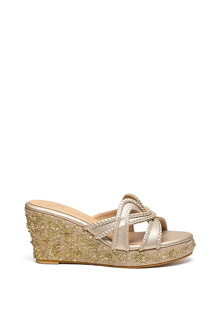 Gold Faux Leather Embroidered Wedges by NIDHI BHANDARI at Pernia's Pop Up Shop