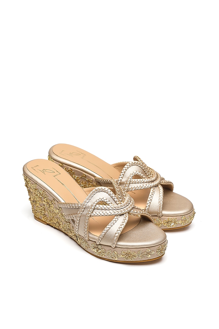 Gold Faux Leather Embroidered Wedges by NIDHI BHANDARI at Pernia's Pop Up Shop