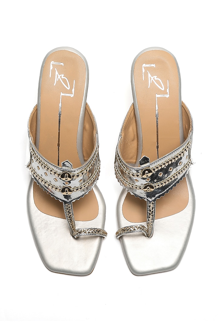 Silver Faux Leather Embroidered Block Heels by NIDHI BHANDARI at Pernia's Pop Up Shop