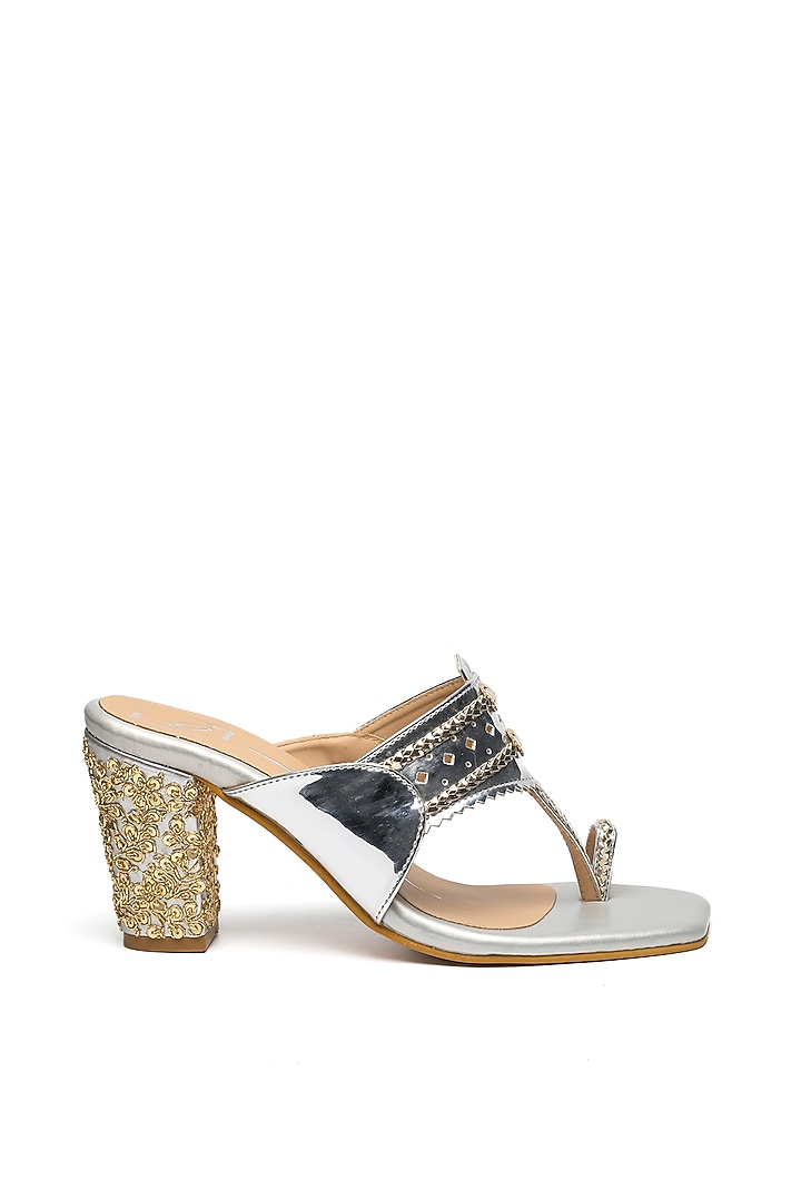 Silver Faux Leather Embroidered Block Heels by NIDHI BHANDARI at Pernia's Pop Up Shop
