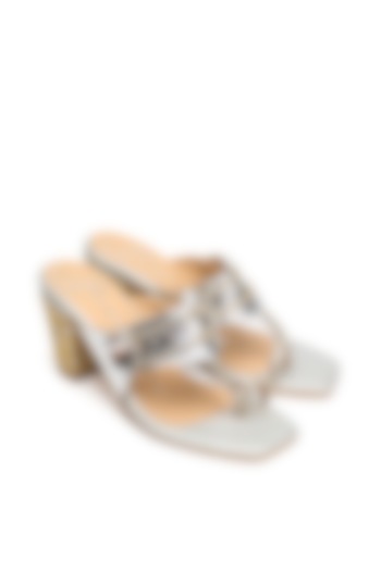 Silver Faux Leather Embroidered Block Heels by NIDHI BHANDARI at Pernia's Pop Up Shop