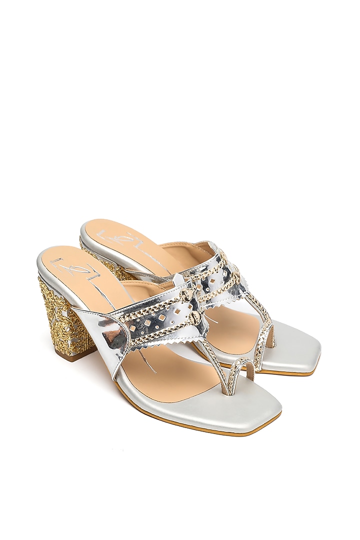 Silver Faux Leather Embroidered Block Heels by NIDHI BHANDARI at Pernia's Pop Up Shop