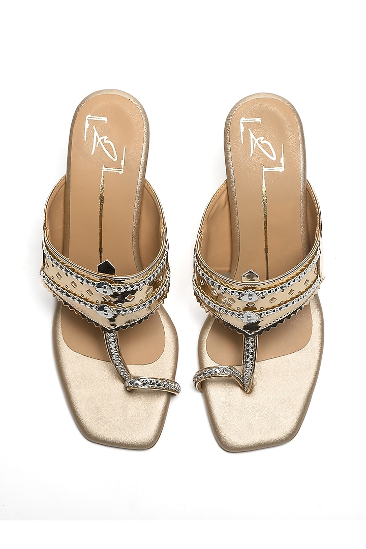 Gold Faux Leather Embroidered Block Heels by NIDHI BHANDARI at Pernia's Pop Up Shop