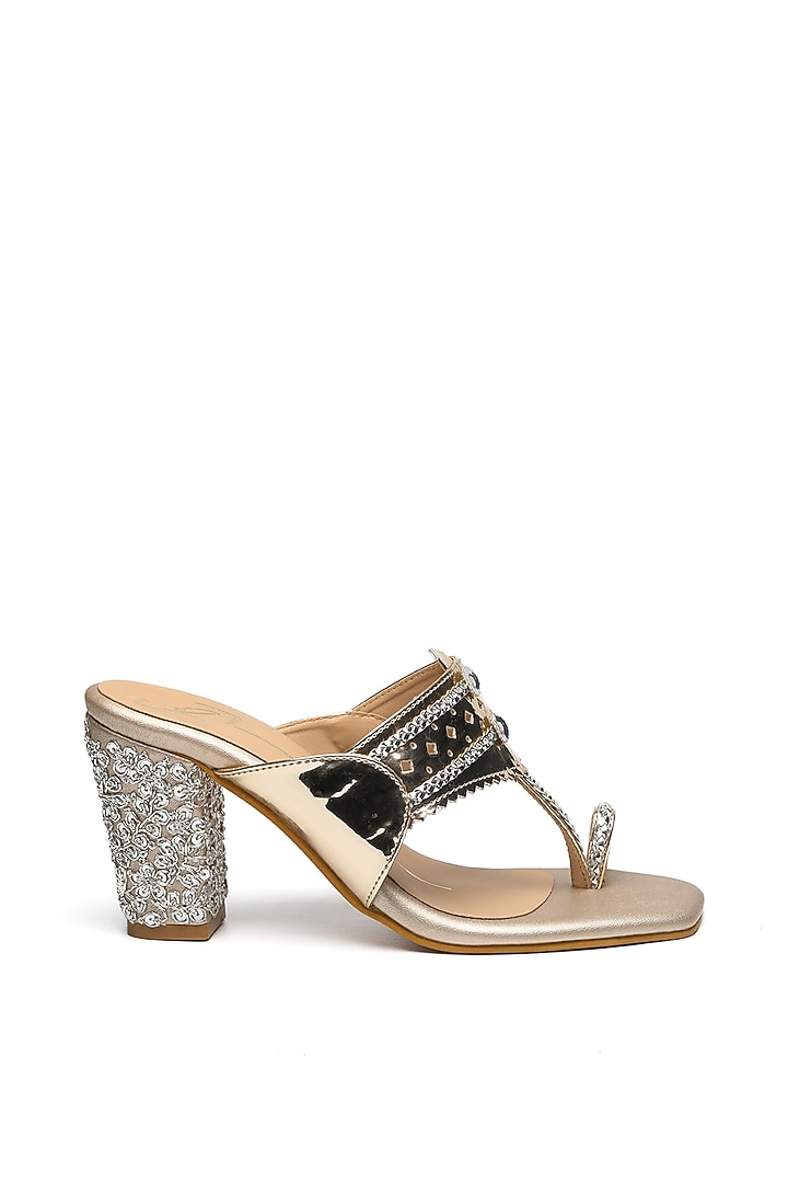 Gold Faux Leather Embroidered Block Heels by NIDHI BHANDARI at Pernia's Pop Up Shop