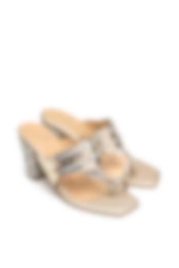 Gold Faux Leather Embroidered Block Heels by NIDHI BHANDARI at Pernia's Pop Up Shop