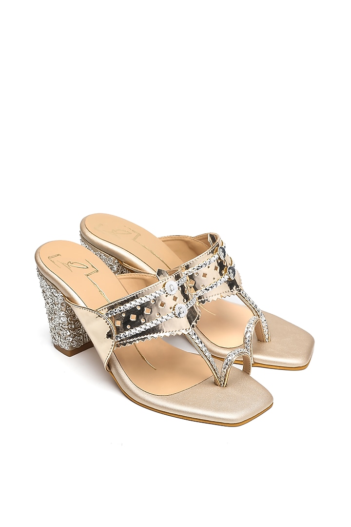 Gold Faux Leather Embroidered Block Heels by NIDHI BHANDARI at Pernia's Pop Up Shop