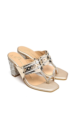 Gold Faux Leather Embroidered Block Heels by NIDHI BHANDARI