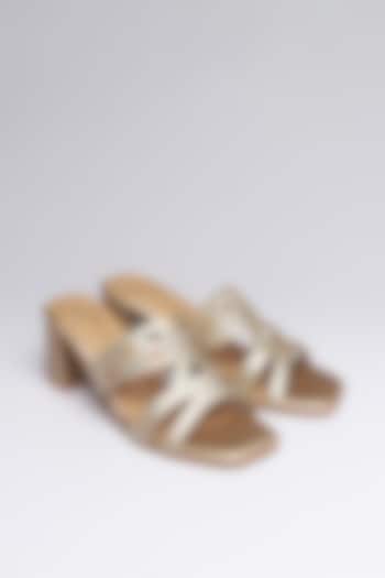 Gold Faux Leather Block Heels by NIDHI BHANDARI at Pernia's Pop Up Shop