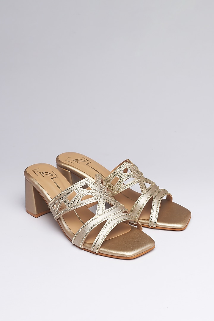 Gold Faux Leather Block Heels by NIDHI BHANDARI at Pernia's Pop Up Shop