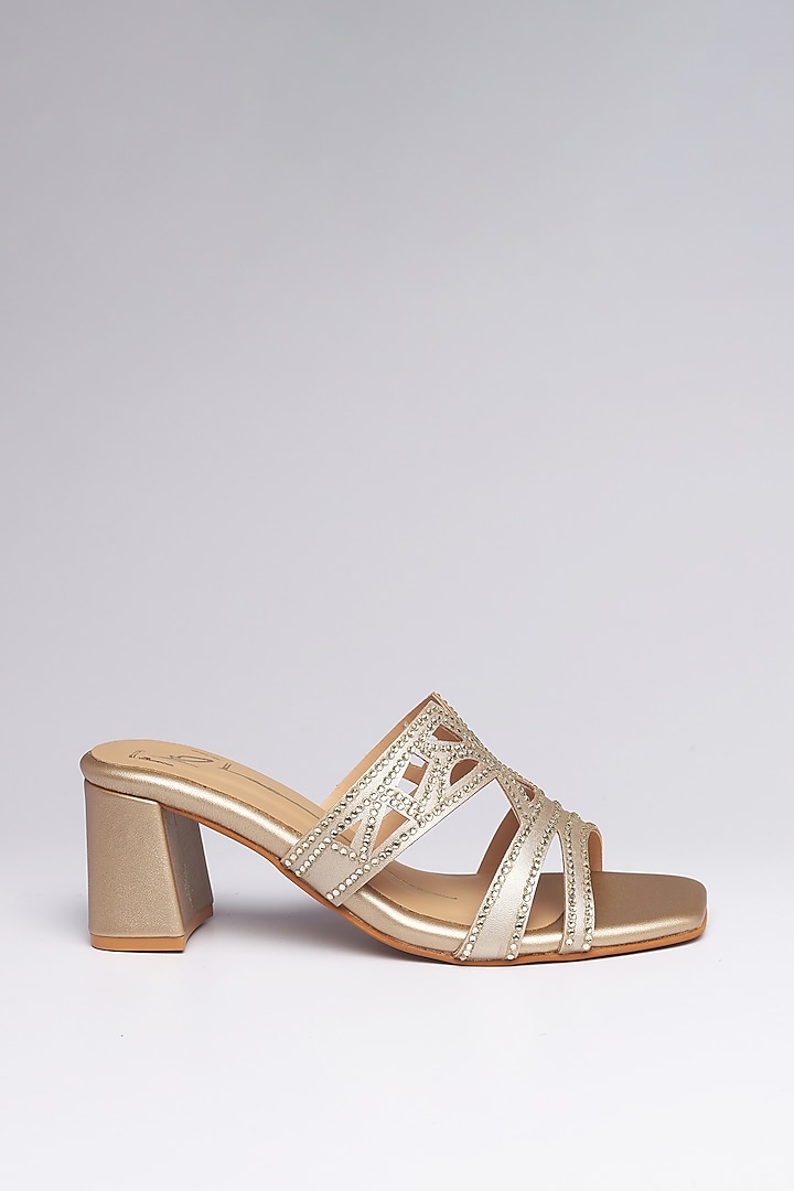 Gold Faux Leather Block Heels by NIDHI BHANDARI at Pernia's Pop Up Shop