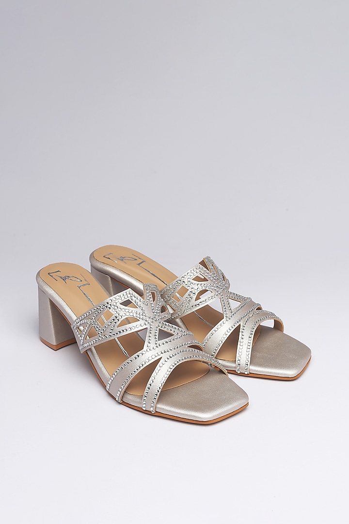Silver Faux Leather Block Heels by NIDHI BHANDARI at Pernia's Pop Up Shop