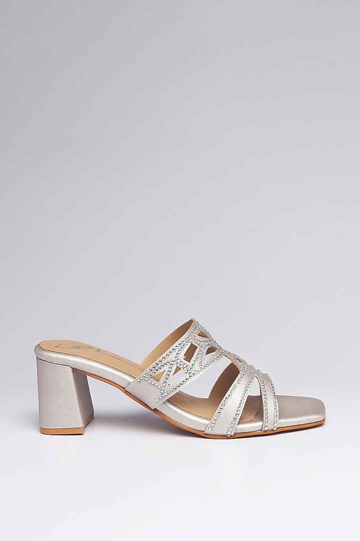 Silver Faux Leather Block Heels by NIDHI BHANDARI at Pernia's Pop Up Shop
