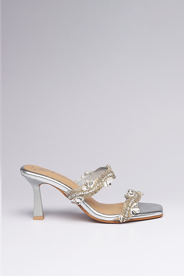 Silver Faux Leather Crystal Embellished Heels by NIDHI BHANDARI at Pernia's Pop Up Shop