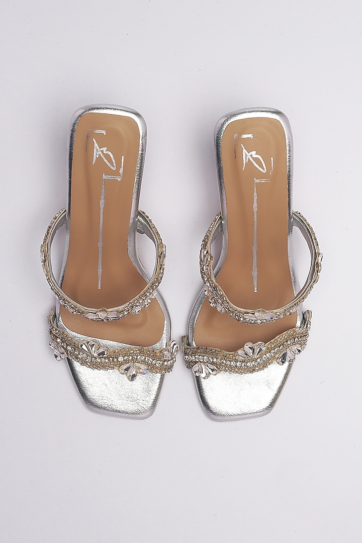 Silver Faux Leather Crystal Embellished Heels by NIDHI BHANDARI at Pernia's Pop Up Shop