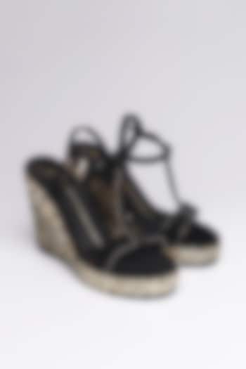 Black Velvet Embroidered Wedges by NIDHI BHANDARI at Pernia's Pop Up Shop