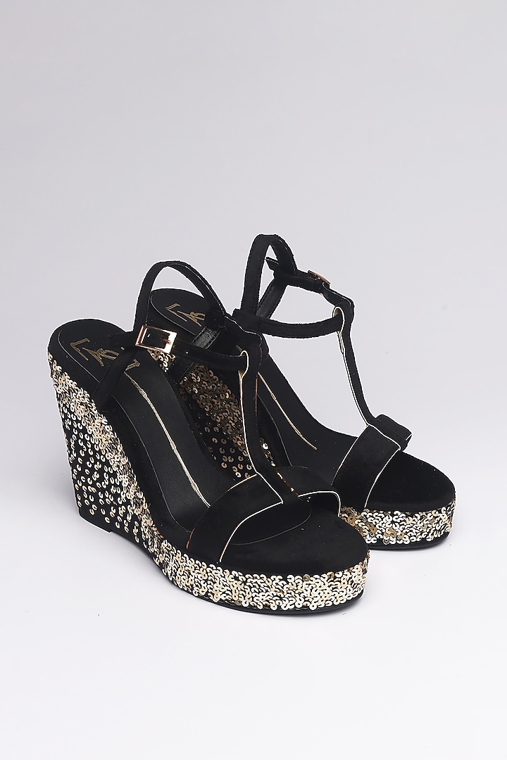 Black Velvet Embroidered Wedges by NIDHI BHANDARI at Pernia's Pop Up Shop